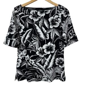 Lauren Ralph Lauren Womens Black Label Leaf Print Knit Top Size L Boat Neck
